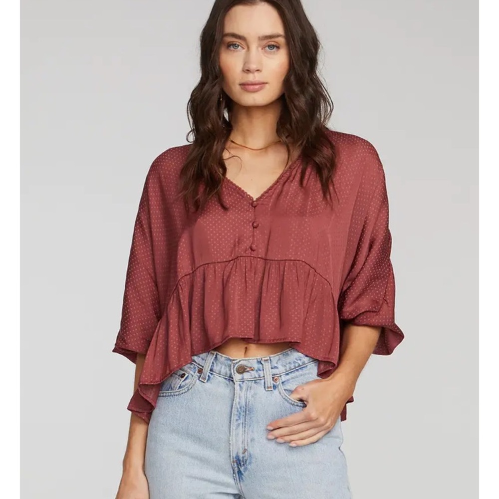 Saltwater LUXE Boho Mulberry Pink Madaris Baby-Doll V-Neck Flowy Peplum Top SM